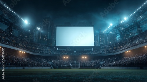 Empty stadium scoreboard above football field under floodlights, sports arena mockup with copy space.