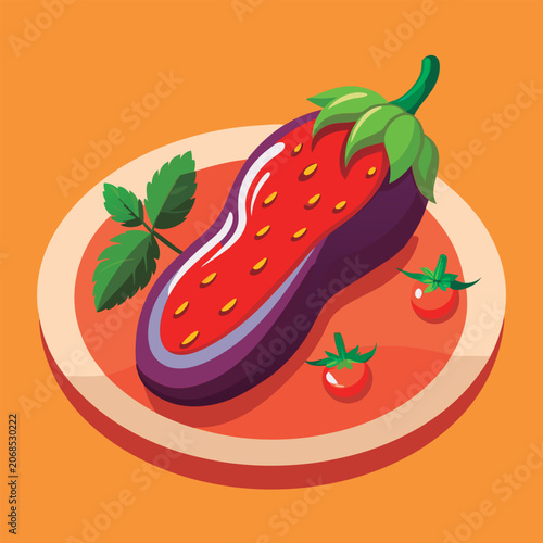 Stuffed eggplant with tomato sauce.