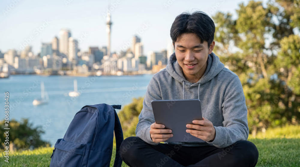 Fototapeta premium Smiling young Asian male student sitting on grass and reading on e-reader device with blurred Auckland city skyline, international education and study abroad program concept.