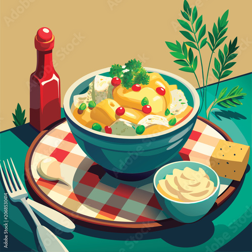 Appetizing meal with sauce and side dish.