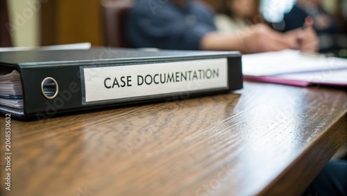 Detailed Case Documentation Binder on Wooden Table in Courtroom