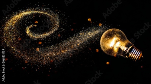 Abstract light bulb concept with golden particle swirls against dark background, representing creative energy, dramatic directional lighting,
