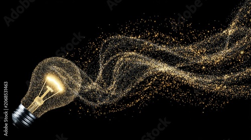Abstract light bulb concept with golden particle swirls against dark backgrou...