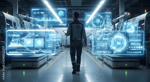  Engineer walking through a smart factory with robotic arms and holographic data displays for industry automation