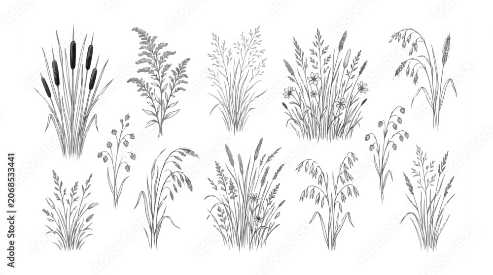 Fototapeta premium Hand drawn wild grass sketches, botanical meadow plants and field weeds vector set, black and white line art floral elements for wedding invitations
