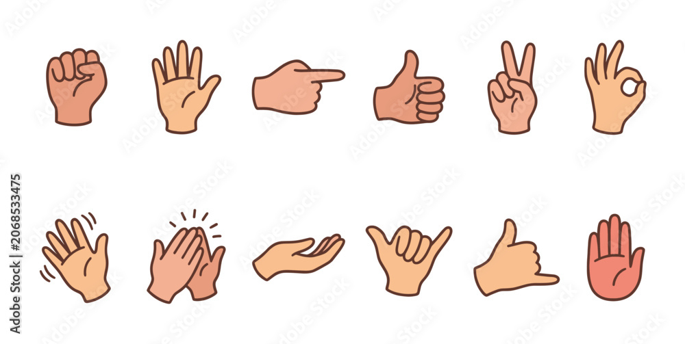 Fototapeta premium Various hand gesture icons in a flat cartoon style, showing different signs and communication on a white background
