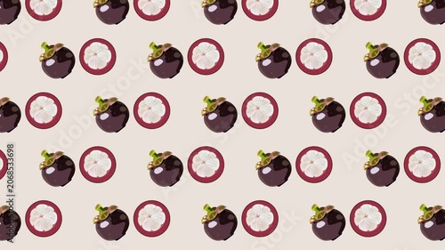Mangosteen fruits seamless pattern, cut and whole exotic fruit stop motion animation on beige background