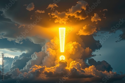 Glowing exclamation mark rises above stormy clouds