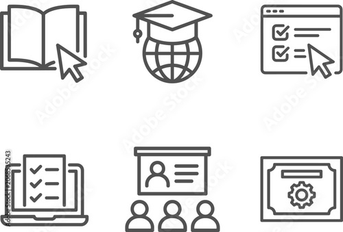 Online education and certification icon set, digital learning training course management symbols collection