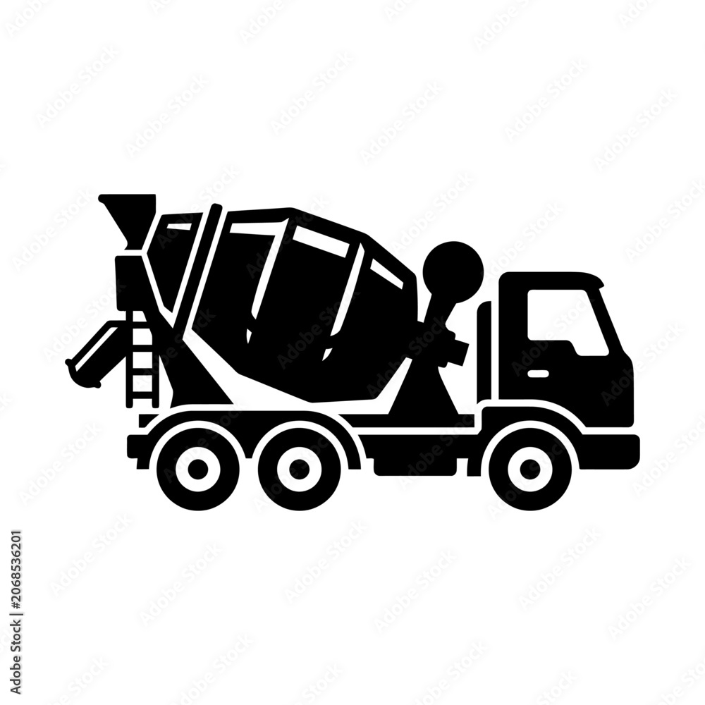 Fototapeta premium Black concrete mixer truck construction icon silhouette isolated on white background, ideal for industrial building and cement transport design.