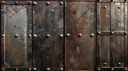 Metal plates featuring heavy industrial rivets create a textured surface with signs of significant oxidation and weathered decay.