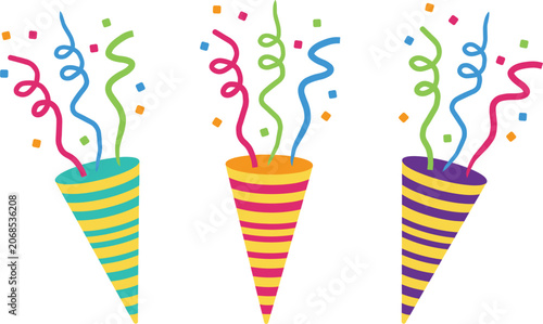 Tableau sur toile Colorful party popper collection with confetti streamers, celebration vector ill