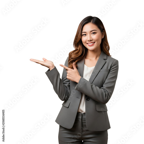 Professional asian businesswoman pointing to empty space isolated on transparent background