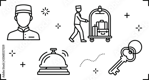 Photos Hotel Bellhop Service and Reception Desk Icon Set for Hospitality and Tourism In