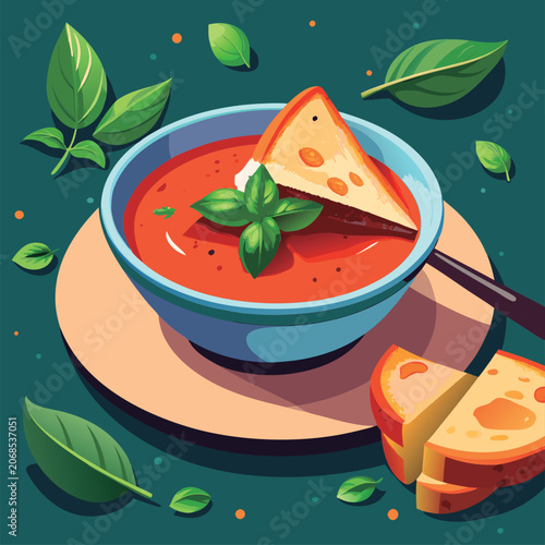 Appetizing tomato soup with toasted cheese bread.