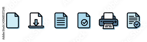Photos Electronic document processing icon set featuring file download status and printer output check symbols