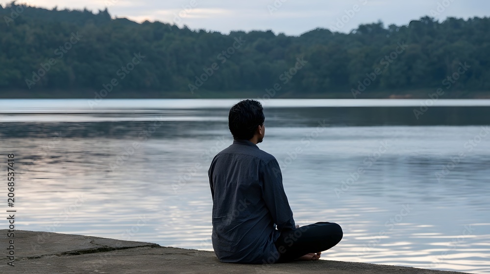 Fototapeta premium A person meditating by a serene lake reflects tranquility and natural beauty in the soft morning light