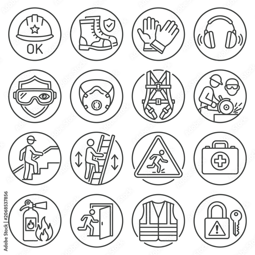 Fototapeta premium Professional safety industrial protection equipment PPE icons featuring work gear like hard hats, boots, masks, and signs for workplace health and