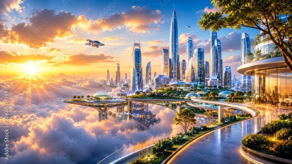 Naklejka premium Future City in Clouds: A breathtaking cityscape of futuristic skyscrapers and advanced transportation systems floats majestically among the clouds at sunrise.
