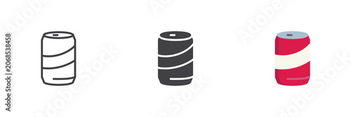Tin can icon set shows striped metal container in line, solid and flat colorful color styles. Tin can icon for recycling vector sign and symbol.