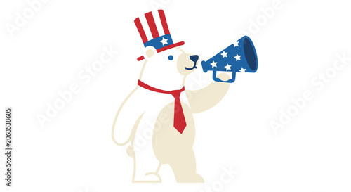 Polar bear in patriotic attire shouting through megaphone.