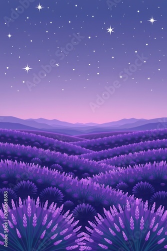 Purple lavender fields stretch beneath a starry night sky