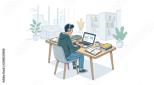 A young student sitting at a desk studying with a laptop and wearing headphones.