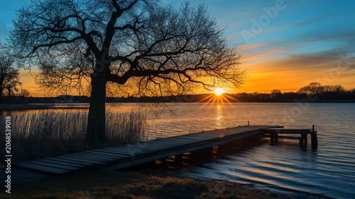 Beautiful sunset over the lake with an old tree and wooden dock.