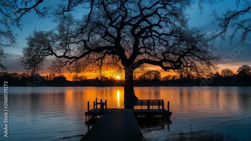 A silhouette of an old oak tree at the end of a dock on Lake with the setting sun behind it during the blue hour.