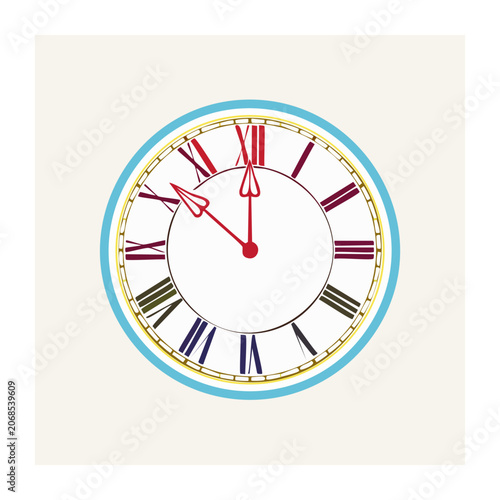 Clock face with Roman numerals and red hands