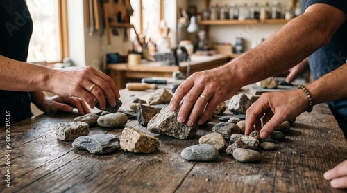 Close up of people hands sorting and examining natural river stones on a wooden table in a workshop.