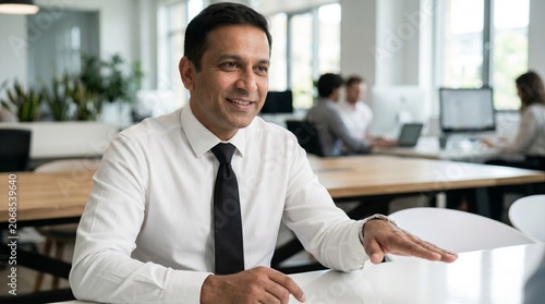 Confident Indian businessman in formal attire sitting in a modern office.