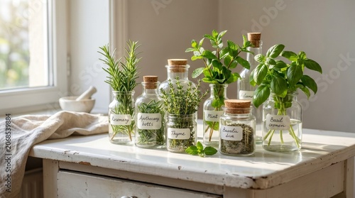 Fresh organic herbs in glass jars on a rustic kitchen table.