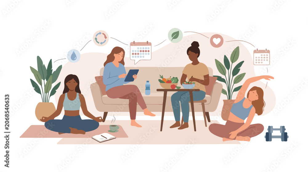 Obraz premium Group of diverse women practicing healthy lifestyle habits together at home.
