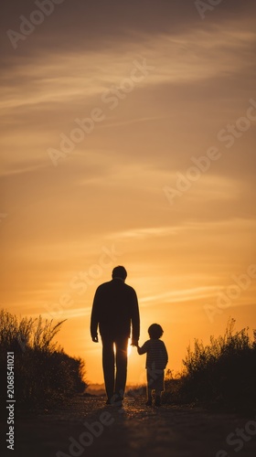 Cinematic wide shot, back view of a father and his young son walking hand in ...