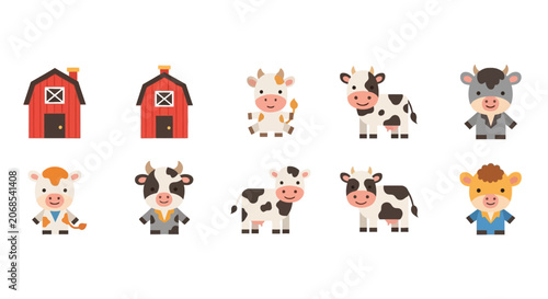 Cute cartoon dairy cows and red farm barns collection