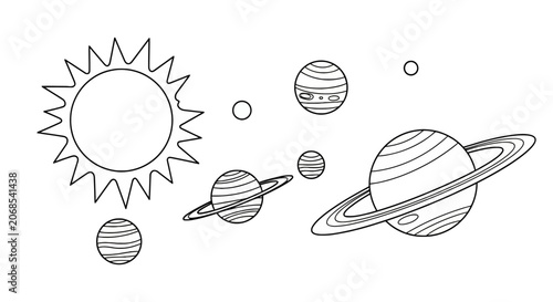 Solar system planets and sun line art for coloring