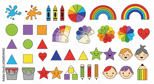 Art supplies and basic geometric shapes for creative learning