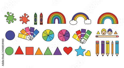 Creative art supplies and rainbow color palette icons