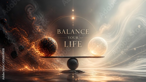 Abstract cinematic scene where chaotic energy meets calm glowing light spheres, forming perfect balance at the center. Soothing atmosphere with centered typography “BALANCE YOUR LIFE” 
