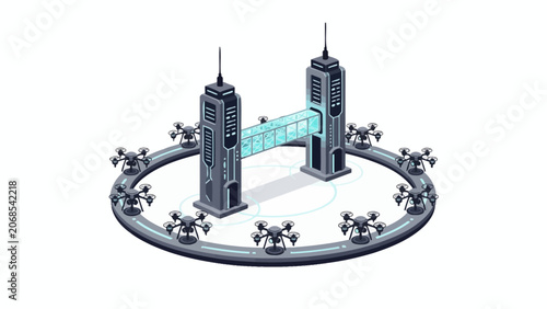 Fotografie A futuristic complex with tall towers and flying drones in a circular formation