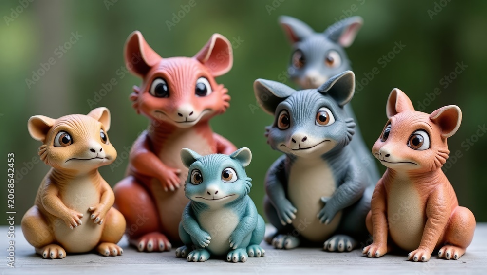 Naklejka premium Colorful cartoon animal figurines featuring six playful characters including squirrels and a rabbit, arranged on a wooden surface with a blurred green background