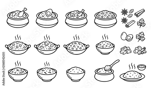 Fotografie Asian Rice and Noodle Dish Icon Collection with Traditional Cuisine Elements
