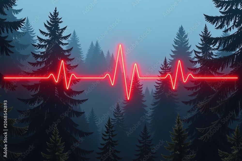 Fototapeta premium Red pulse line glows across dark forest