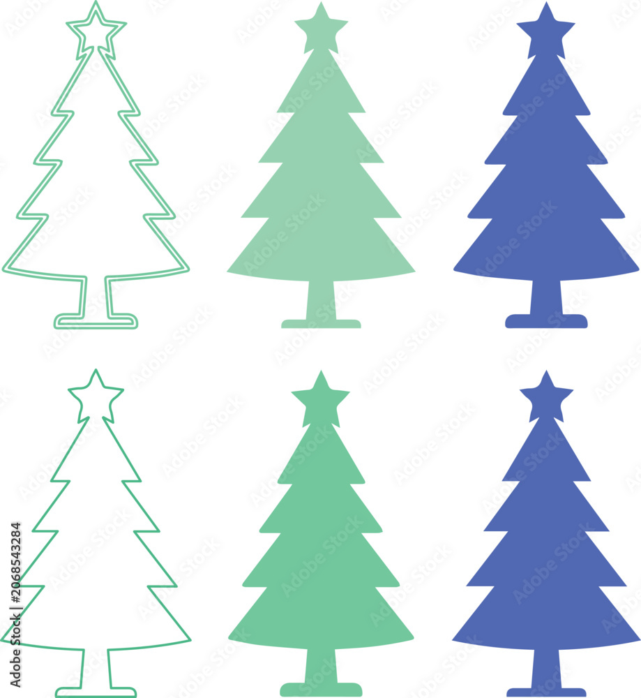 Obraz premium Minimalist Christmas tree vector icons, flat evergreen pine tree silhouettes in green and blue, 6 festive winter holiday symbols
