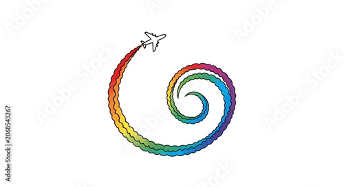 Airplane leaving a rainbow smoke trail in a spiral shape