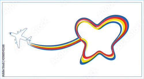 Airplane flying, leaving colorful trails forming a heart shape, symbolizing love and travel.