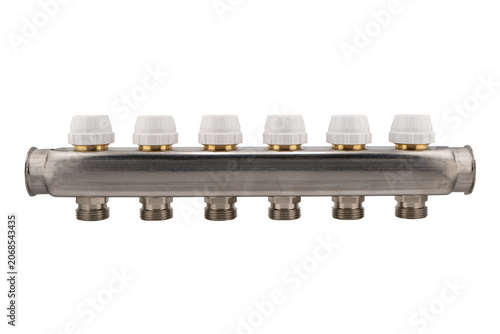 Hydronic control appliances for underfloor heating and cooling. Manifold assembly for floor heating. Collector group with 6 outputs. Isolated on a white background