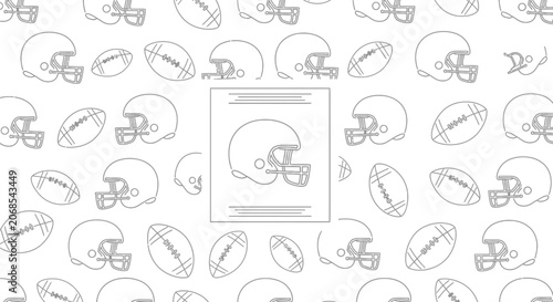 American Football Helmets and Balls Seamless Pattern, Outline Graphic Design