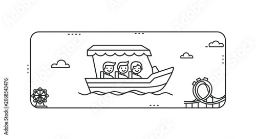 Amusement Park Boat Ride and Roller Coaster Line Art Icon